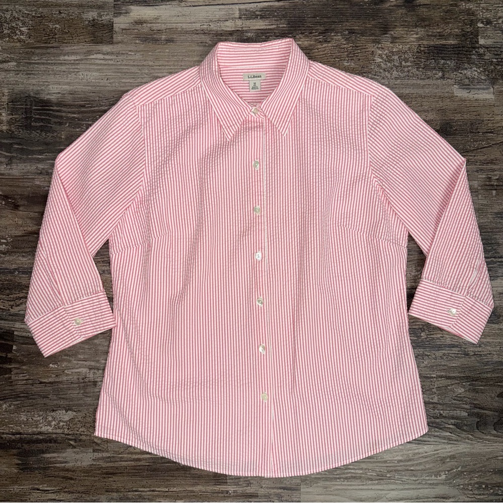 LL Bean Pink White Striped Button-Up Cotton 3/4 Sleeve Shirt Size M